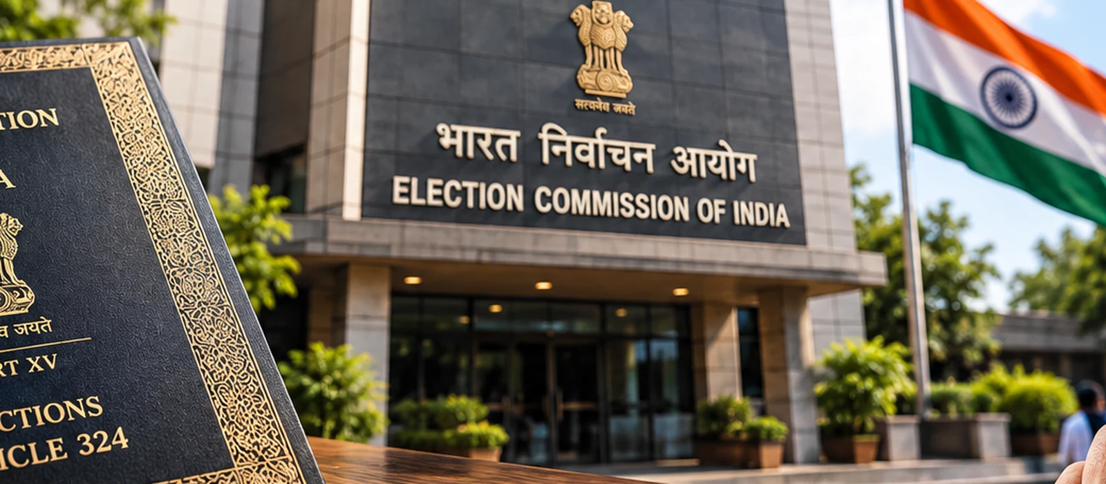 Original Dishantra editorial illustration on Article 324 and the Election Commission of India