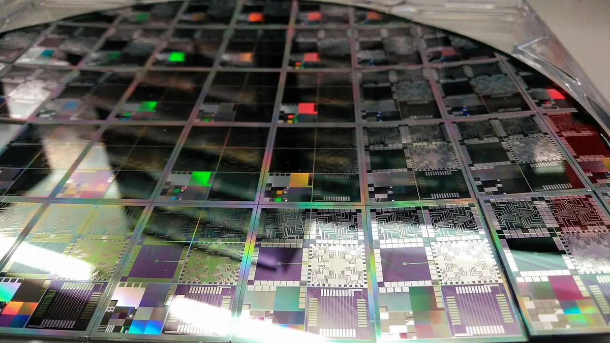 Close view of patterned semiconductor wafers