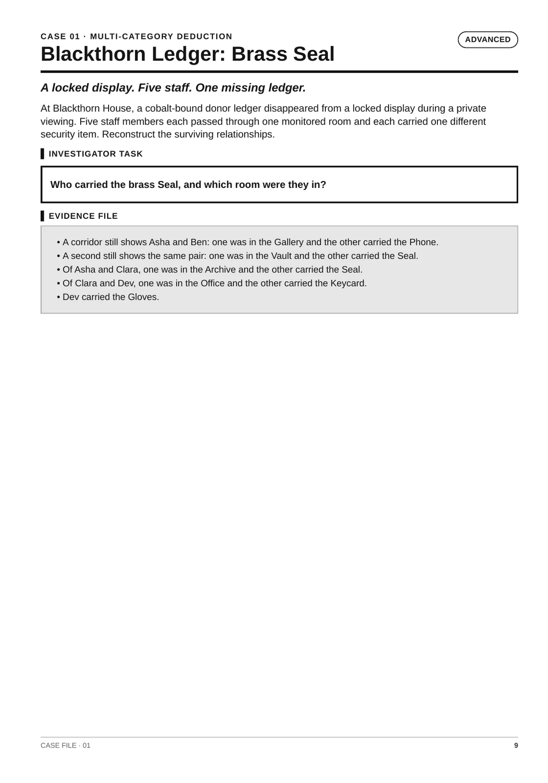 Sample case-file page from The Hard Case Files