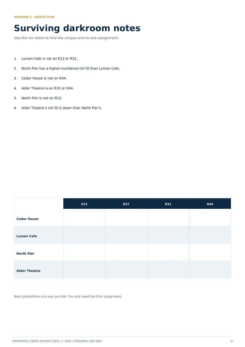 Darkroom deduction grid from Quick Escape Files